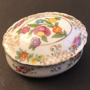 Vtg Ceramic Trinket Box with Flowers/Gold Accents